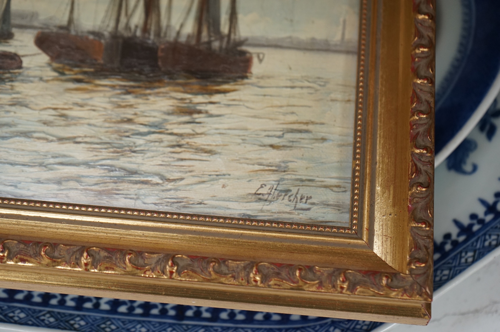 Edwin Henry Eugene Fletcher (1857-1945), pair of oils on canvas, Seascapes with boats, each signed, 22 x 15cm, gilt framed